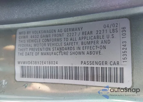 2002 Volkswagen Passat Gls from USA, damaged, VIN WVWVD63B92E418024